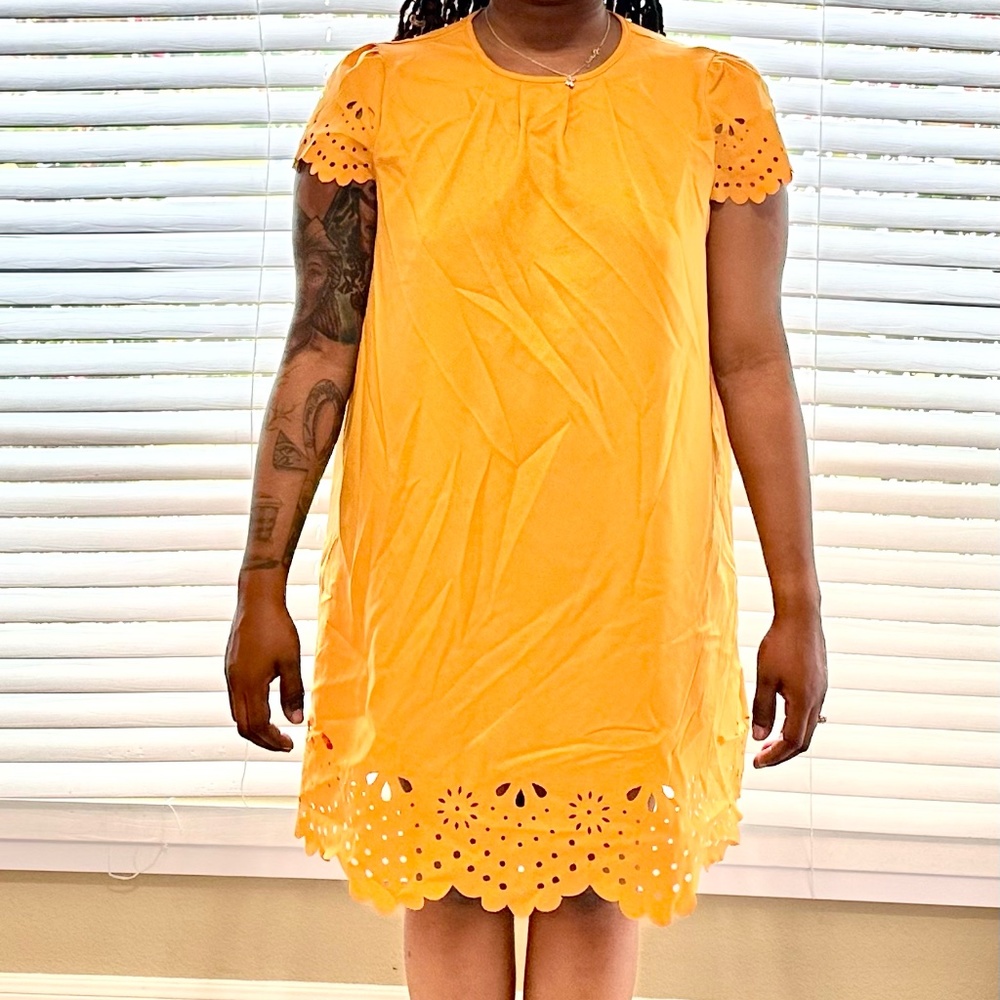 EMERY ROSE Fold Pleated Front Laser Cut Sleeve and Hem Dress